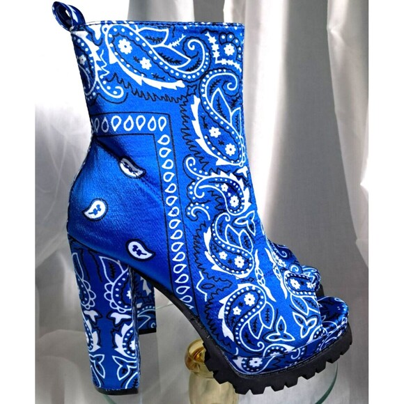 NEW Mata Blue Bandana Chunky Heel Peep Toe Boots Size 6 - Picture 1 of 10
